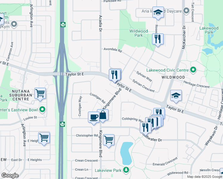 map of restaurants, bars, coffee shops, grocery stores, and more near 102 Kingsmere Place in Saskatoon