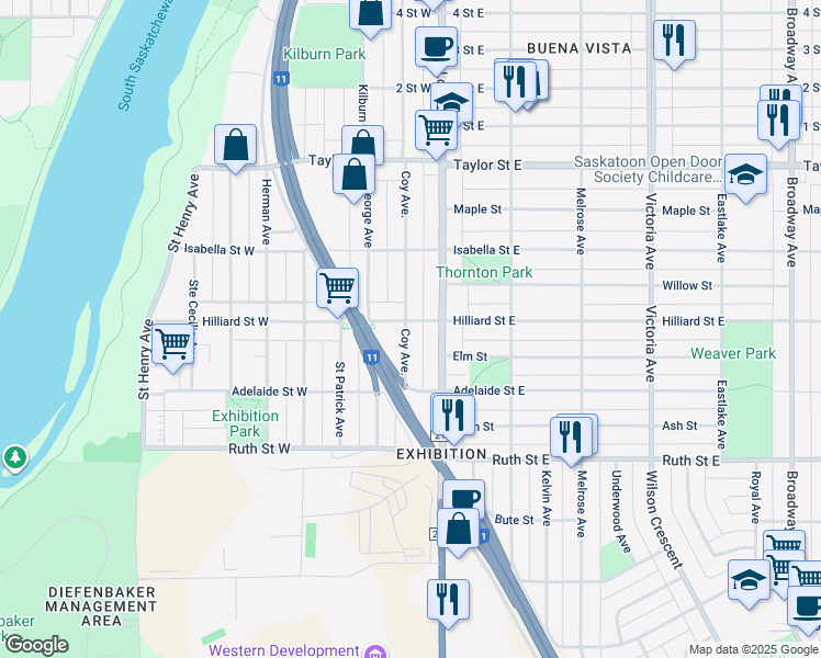 map of restaurants, bars, coffee shops, grocery stores, and more near 118 Hilliard Street West in Saskatoon