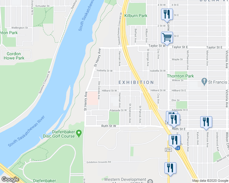 map of restaurants, bars, coffee shops, grocery stores, and more near in Saskatoon
