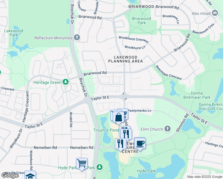 map of restaurants, bars, coffee shops, grocery stores, and more near 127 Banyan Crescent in Saskatoon