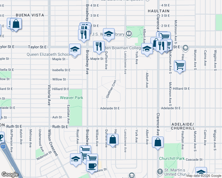 map of restaurants, bars, coffee shops, grocery stores, and more near Gladmer Crescent in Saskatoon