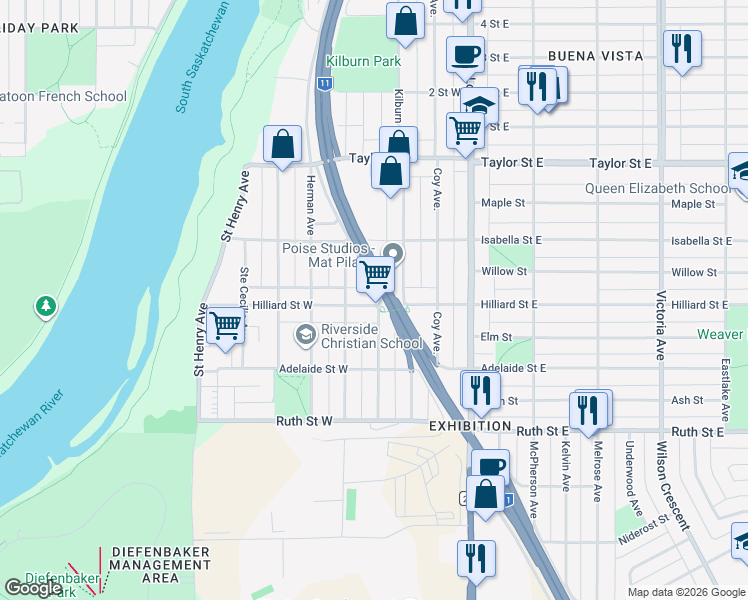 map of restaurants, bars, coffee shops, grocery stores, and more near 2138 Saint George Avenue in Saskatoon