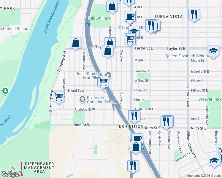 map of restaurants, bars, coffee shops, grocery stores, and more near 2138 Saint George Avenue in Saskatoon