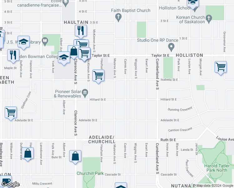 map of restaurants, bars, coffee shops, grocery stores, and more near 2125 Munroe Avenue South in Saskatoon