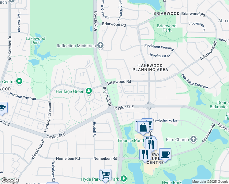 map of restaurants, bars, coffee shops, grocery stores, and more near 103 Banyan Crescent in Saskatoon