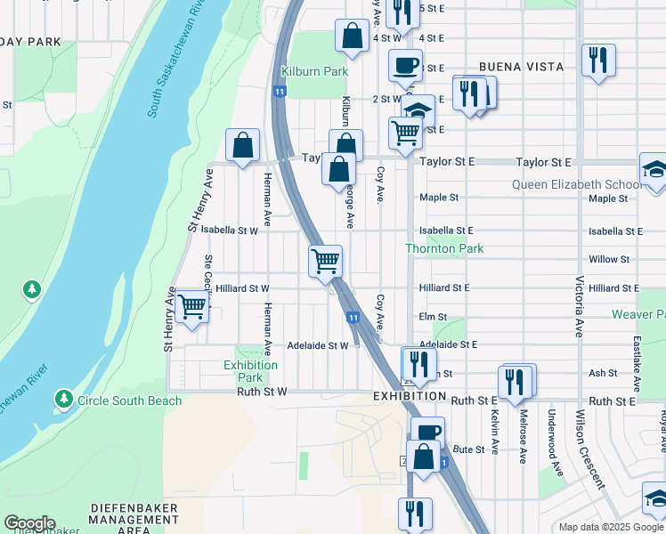 map of restaurants, bars, coffee shops, grocery stores, and more near Idylwyld Drive Freeway in Saskatoon