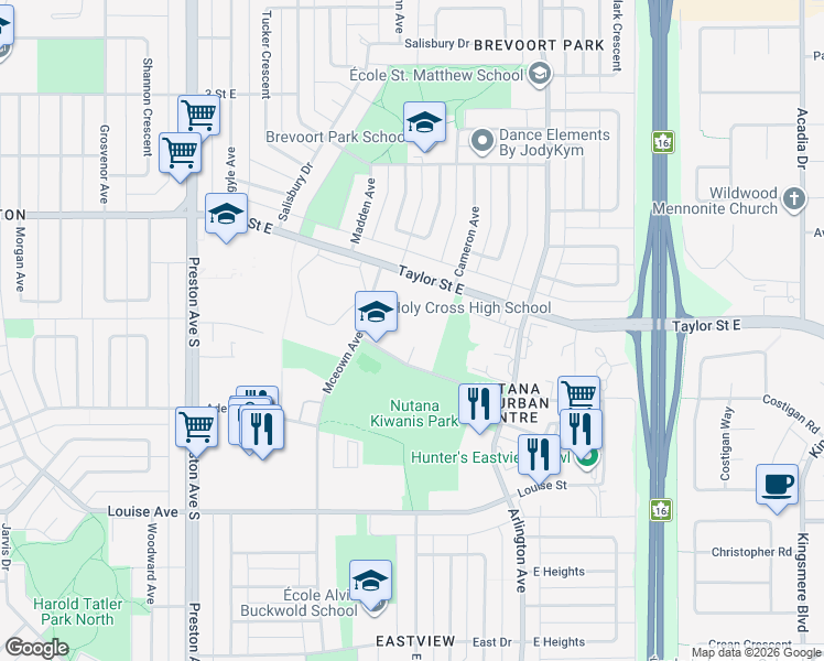 map of restaurants, bars, coffee shops, grocery stores, and more near 2115 Mceown Avenue in Saskatoon