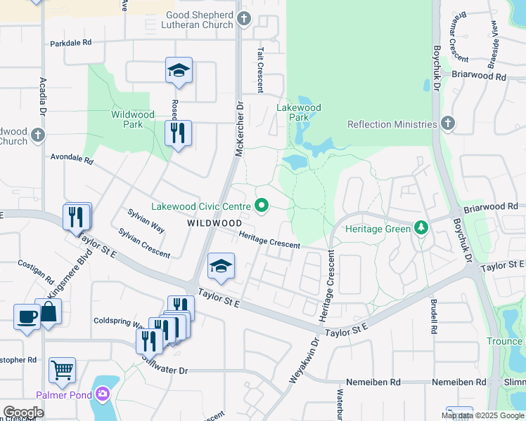 map of restaurants, bars, coffee shops, grocery stores, and more near 1635 McKercher Drive in Saskatoon