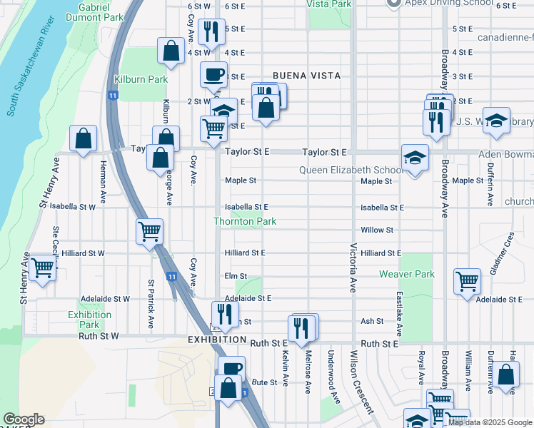 map of restaurants, bars, coffee shops, grocery stores, and more near 127 Isabella Street East in Saskatoon