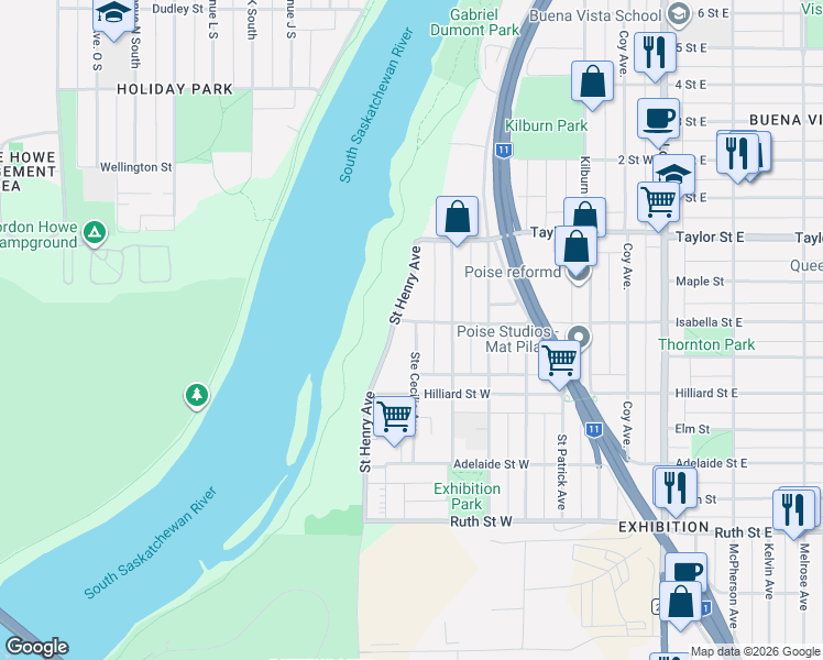 map of restaurants, bars, coffee shops, grocery stores, and more near 709 Isabella Street West in Saskatoon
