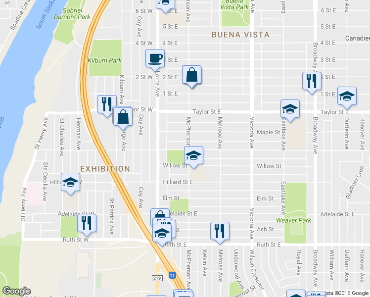 map of restaurants, bars, coffee shops, grocery stores, and more near 127 Isabella Street East in Saskatoon