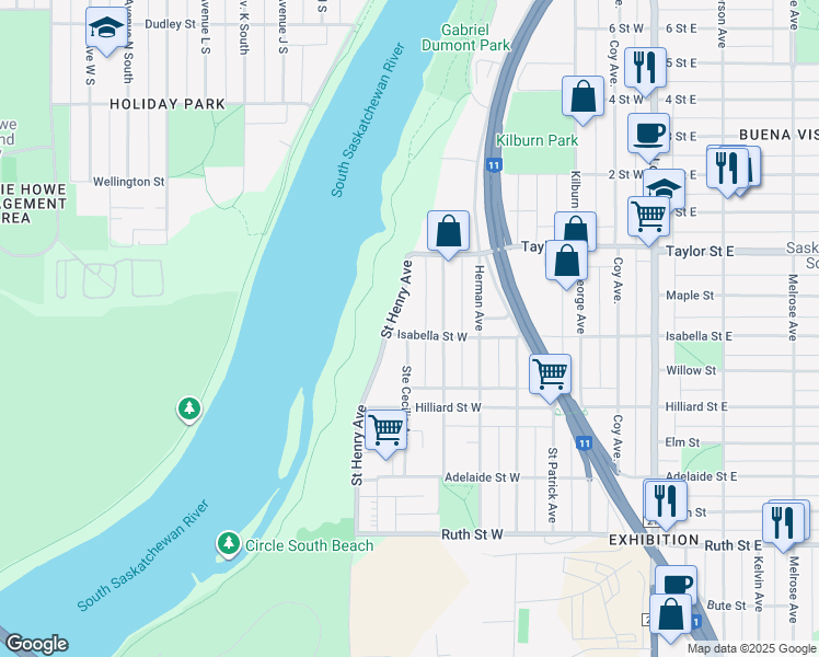 map of restaurants, bars, coffee shops, grocery stores, and more near 709 Isabella Street West in Saskatoon