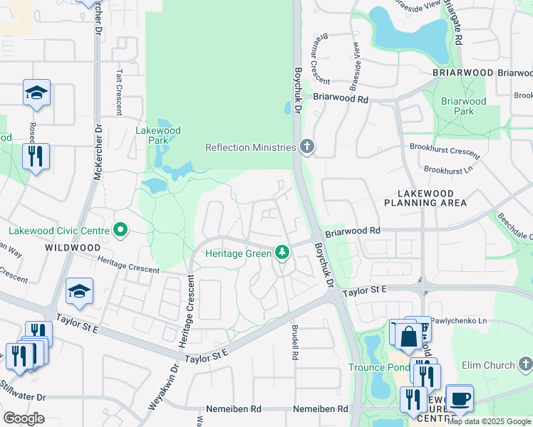 map of restaurants, bars, coffee shops, grocery stores, and more near 927 Heritage View in Saskatoon