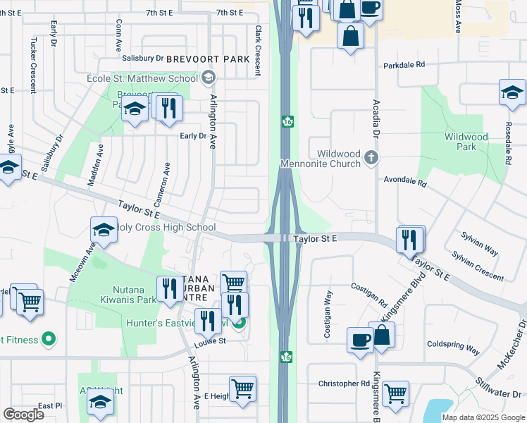 map of restaurants, bars, coffee shops, grocery stores, and more near 63 Baldwin Crescent in Saskatoon