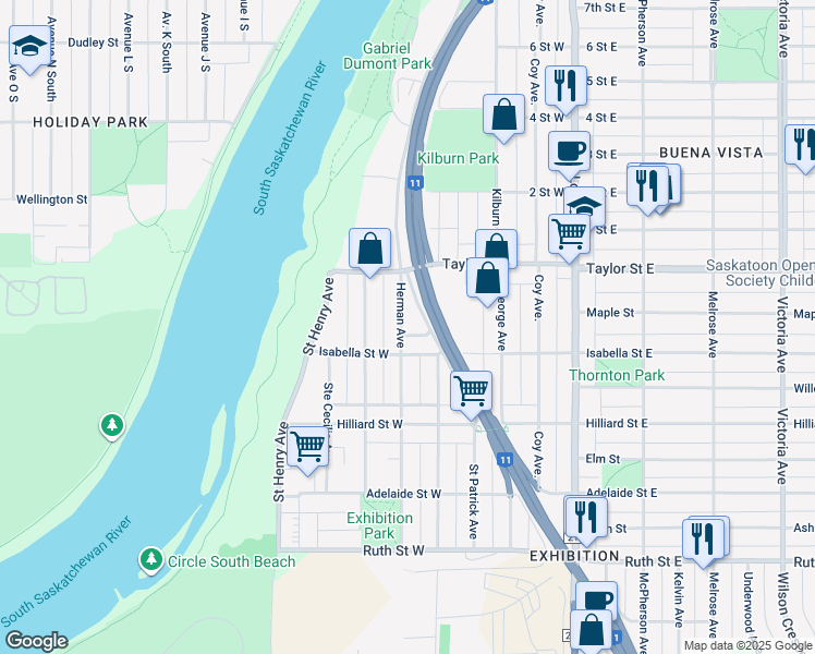 map of restaurants, bars, coffee shops, grocery stores, and more near 1959 Herman Avenue in Saskatoon