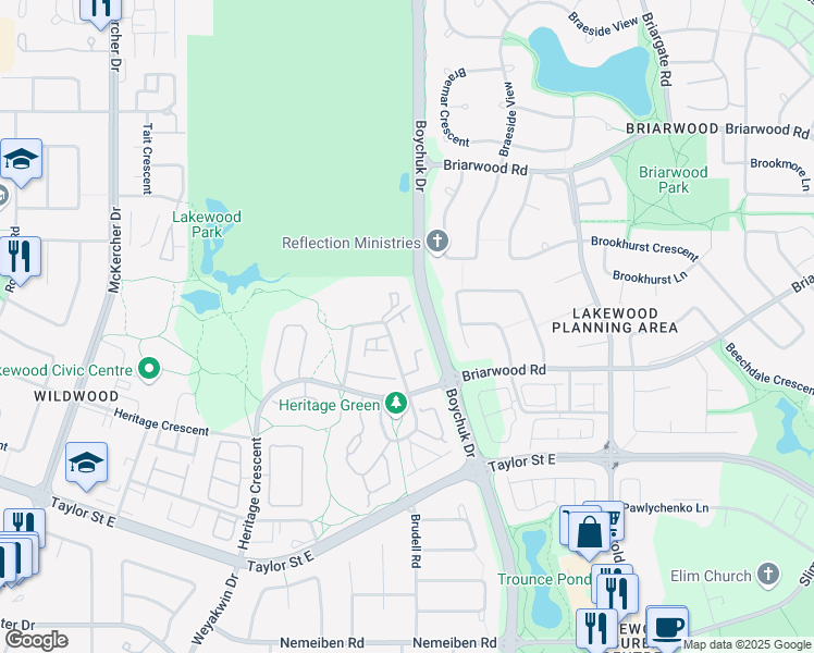 map of restaurants, bars, coffee shops, grocery stores, and more near 928 Heritage View in Saskatoon