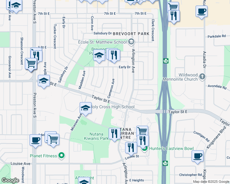 map of restaurants, bars, coffee shops, grocery stores, and more near 50 Neilson Crescent in Saskatoon