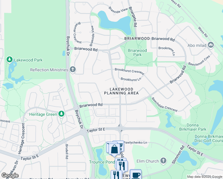 map of restaurants, bars, coffee shops, grocery stores, and more near 451 Briarvale Court in Saskatoon