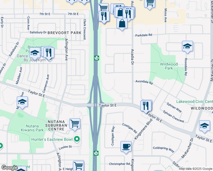 map of restaurants, bars, coffee shops, grocery stores, and more near 1622 Acadia Drive in Saskatoon
