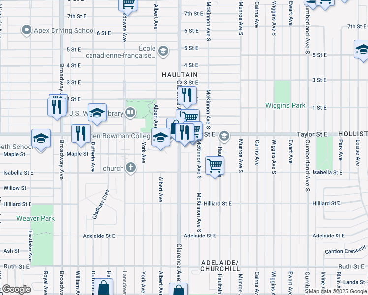 map of restaurants, bars, coffee shops, grocery stores, and more near 1018 Taylor Street East in Saskatoon
