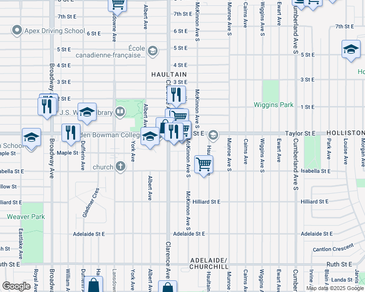 map of restaurants, bars, coffee shops, grocery stores, and more near 1018 Taylor Street East in Saskatoon