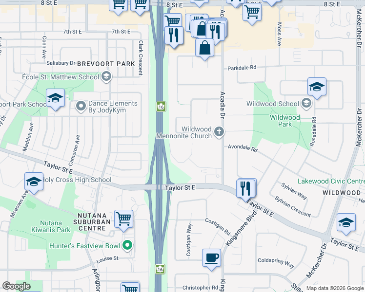 map of restaurants, bars, coffee shops, grocery stores, and more near 1622 Acadia Drive in Saskatoon