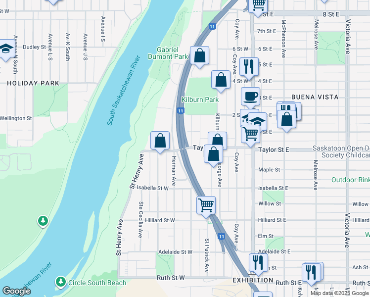 map of restaurants, bars, coffee shops, grocery stores, and more near Taylor Street West in Saskatoon