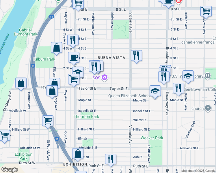 map of restaurants, bars, coffee shops, grocery stores, and more near 235 Taylor Street East in Saskatoon