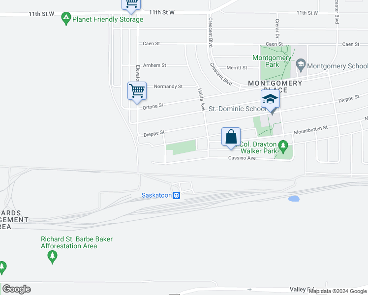 map of restaurants, bars, coffee shops, grocery stores, and more near 3454 Cassino Avenue in Saskatoon