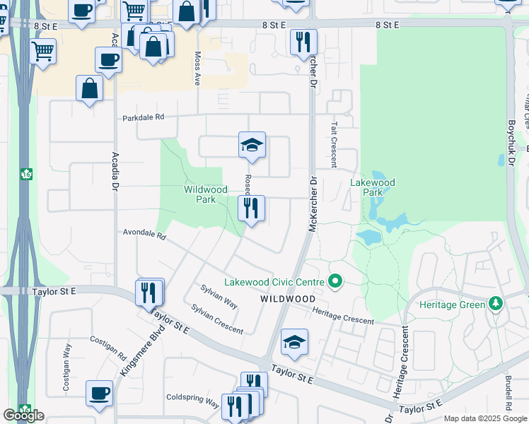 map of restaurants, bars, coffee shops, grocery stores, and more near 11 Agar Place in Saskatoon