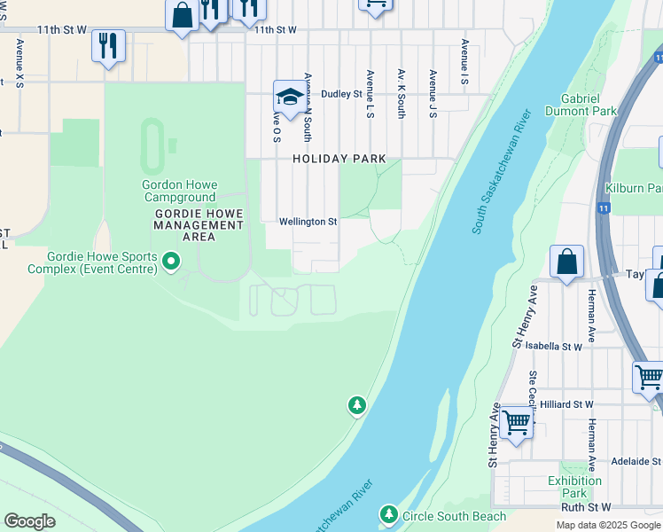 map of restaurants, bars, coffee shops, grocery stores, and more near 1435 Embassy Drive in Saskatoon