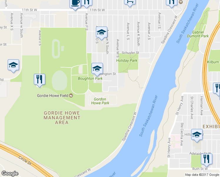 map of restaurants, bars, coffee shops, grocery stores, and more near 1435 Embassy Drive in Saskatoon