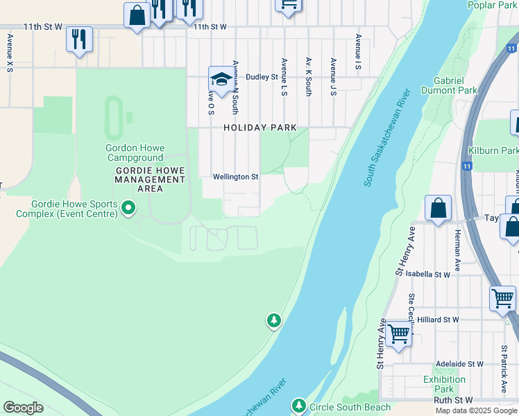 map of restaurants, bars, coffee shops, grocery stores, and more near 1435 Avenue M South in Saskatoon