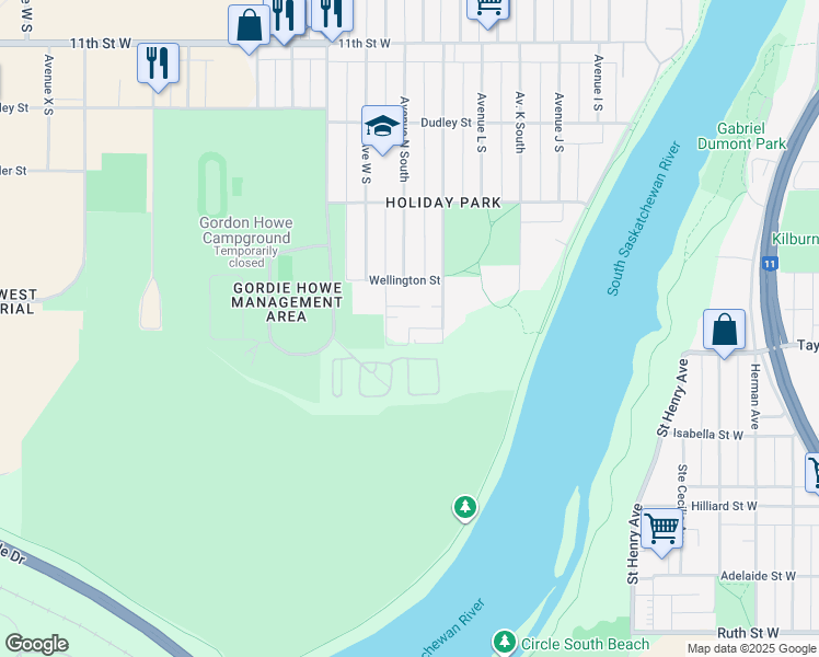 map of restaurants, bars, coffee shops, grocery stores, and more near Embassy Drive in Saskatoon
