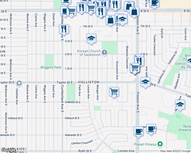 map of restaurants, bars, coffee shops, grocery stores, and more near 1806 Morgan Avenue in Saskatoon