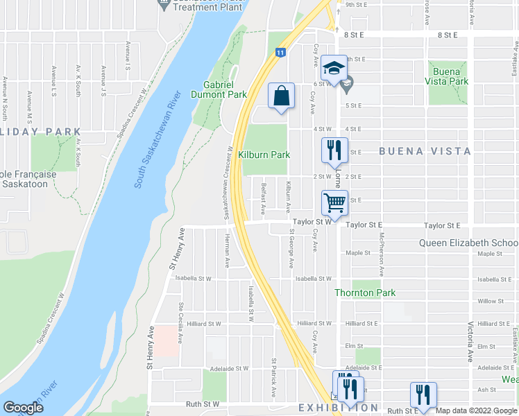map of restaurants, bars, coffee shops, grocery stores, and more near 1808 Belfast Avenue in Saskatoon