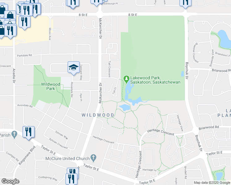 map of restaurants, bars, coffee shops, grocery stores, and more near 974 Tait Court in Saskatoon