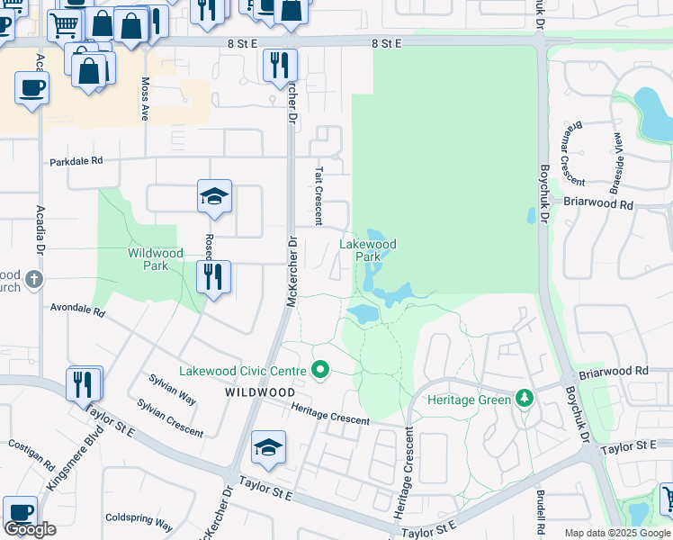 map of restaurants, bars, coffee shops, grocery stores, and more near 974 Tait Court in Saskatoon