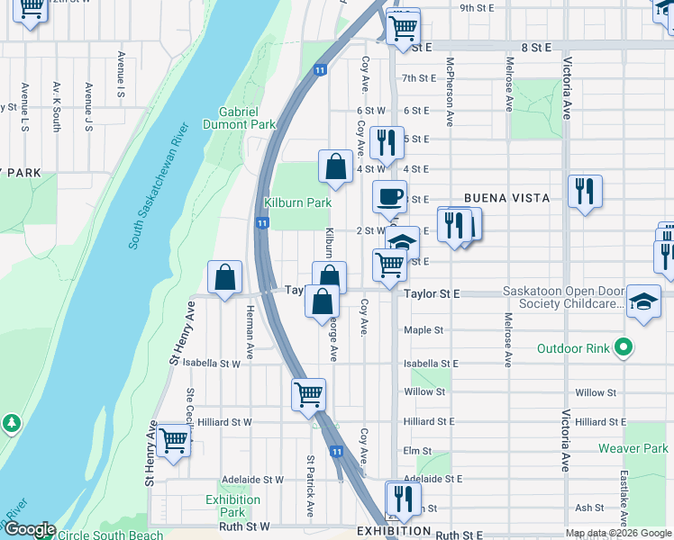map of restaurants, bars, coffee shops, grocery stores, and more near 1811 Kilburn Avenue in Saskatoon