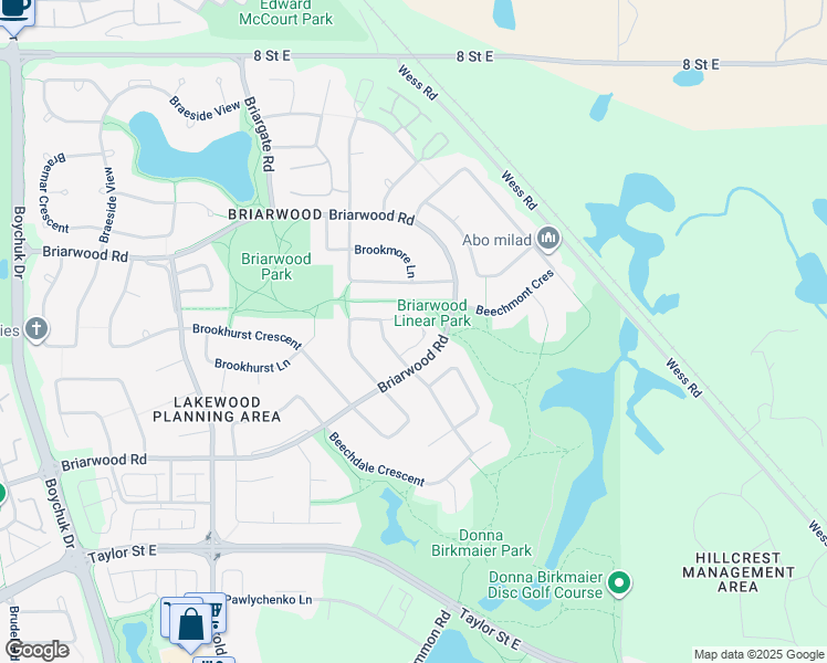 map of restaurants, bars, coffee shops, grocery stores, and more near 1110 Briarwood Road in Saskatoon