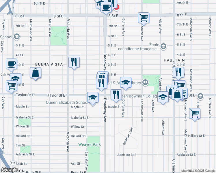 map of restaurants, bars, coffee shops, grocery stores, and more near 1801 Broadway Avenue in Saskatoon