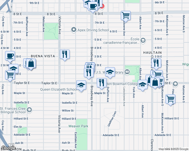 map of restaurants, bars, coffee shops, grocery stores, and more near 1801 Broadway Avenue in Saskatoon
