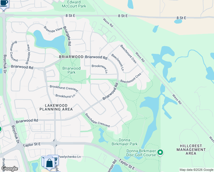 map of restaurants, bars, coffee shops, grocery stores, and more near 1110 Briarwood Road in Saskatoon