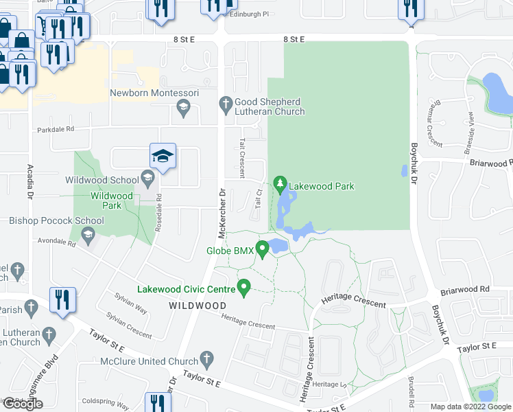 map of restaurants, bars, coffee shops, grocery stores, and more near 974 Tait Court in Saskatoon