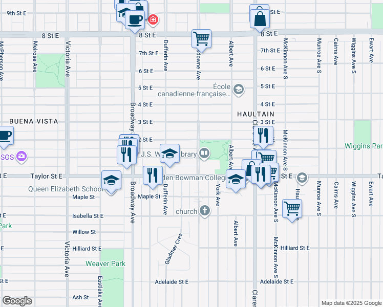 map of restaurants, bars, coffee shops, grocery stores, and more near 731 1 Street East in Saskatoon