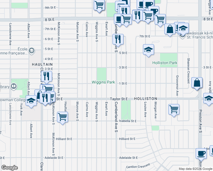 map of restaurants, bars, coffee shops, grocery stores, and more near 1705 Ewart Avenue in Saskatoon