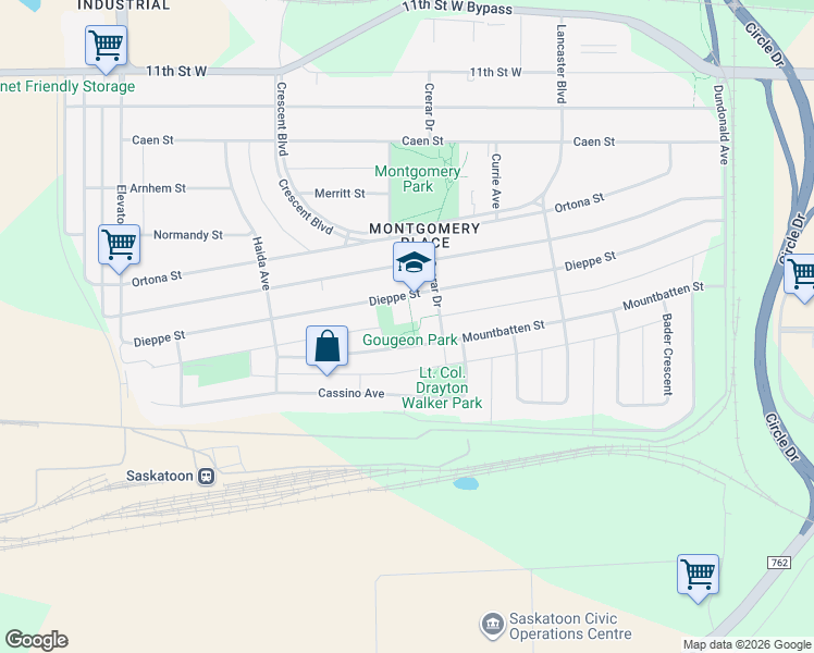 map of restaurants, bars, coffee shops, grocery stores, and more near 3332 Mountbatten Street in Saskatoon