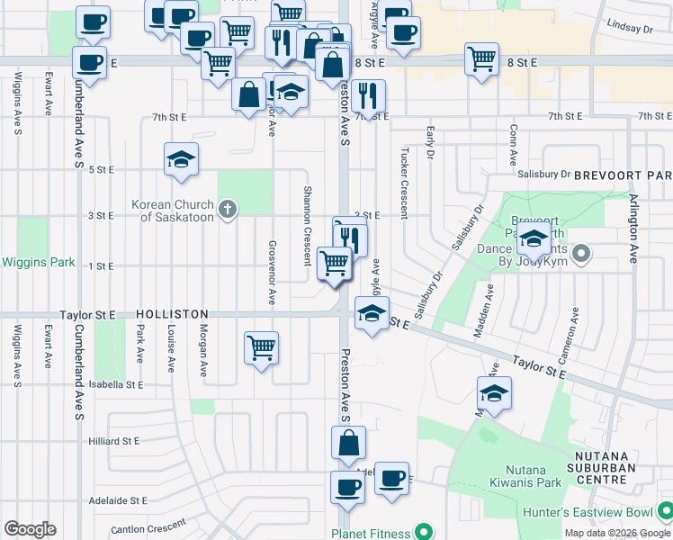 map of restaurants, bars, coffee shops, grocery stores, and more near 1706 Preston Avenue South in Saskatoon