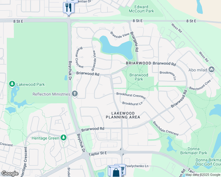 map of restaurants, bars, coffee shops, grocery stores, and more near 126 Briarvale Road in Saskatoon