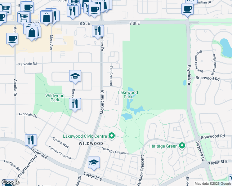 map of restaurants, bars, coffee shops, grocery stores, and more near 1415 McKercher Drive in Saskatoon